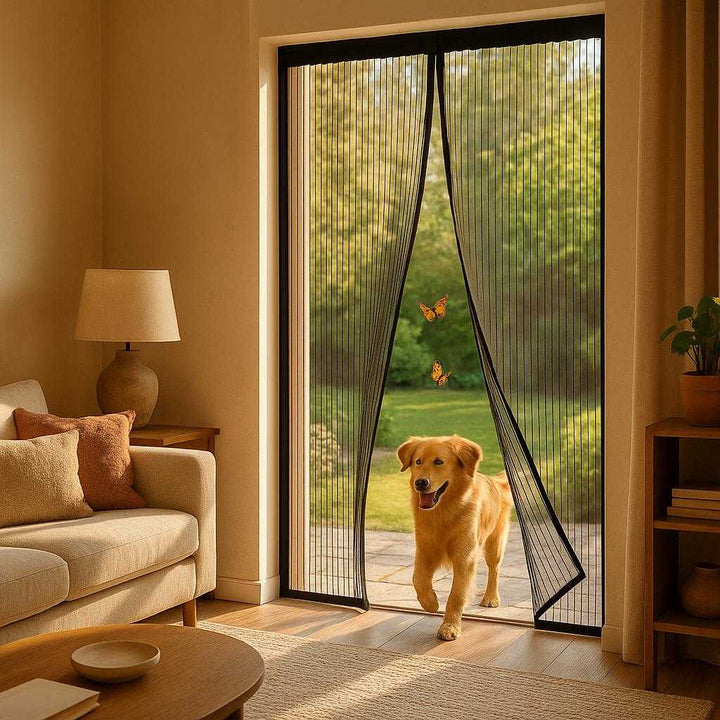 Magnetisk insektnet – Effektiv beskyttelse mod insekter med nem adgang og elegant design. A cozy living room with an open patio door leading to a sunlit garden, where the magnetisk insektnet is seamlessly attached to the door frame. The net gently billows in a light breeze, allowing a family dog to trot through easily, while butterflies are seen hovering just outside. The warm, golden afternoon light highlights the elegant design and protective features of the net, creating a welcoming indoor-outdoor flow.