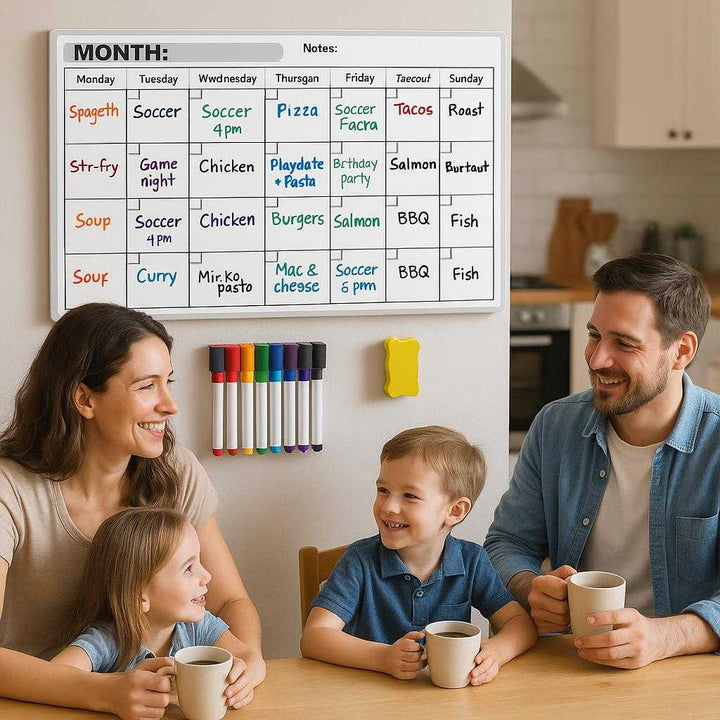 Magnetisk Kalender Tavle - Perfekt til Planlægning af Månedlige Aktiviteter i Hjemmet eller Kontoret. The calendar board is prominently displayed in a family kitchen, filled with meal plans and kids' activities, while a relaxed family drinks coffee at the table, highlighting its role in fostering a well-organized and harmonious home life.