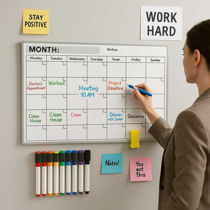 Magnetisk Kalender Tavle - Perfekt til Planlægning af Månedlige Aktiviteter i Hjemmet eller Kontoret. The magnetic calendar board is neatly affixed to a home office wall, surrounded by motivational quotes and colorful sticky notes, as a professional organizes a vibrant schedule with the included markers, showcasing productivity and creativity.