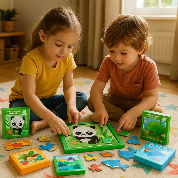 Magnetisk Puslespil til Børn - Interaktiv Læring og Underholdning med Farverige Brikker. Children eagerly engage with a colorful magnetic puzzle on a playroom floor, where pieces come together to form vibrant animal scenes, while the sun streams through a nearby window.