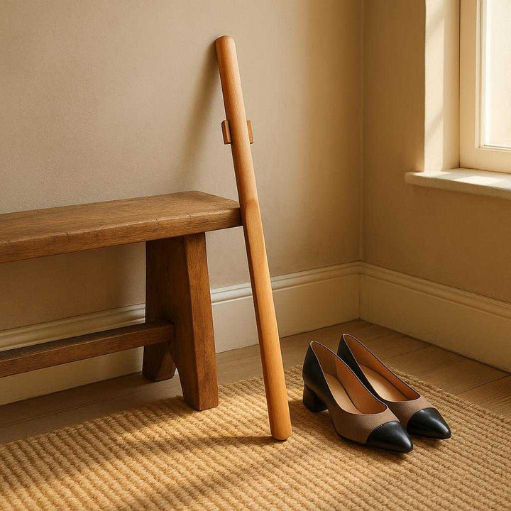 Magnetisk Skohorn i Træ - Praktisk og Elegant Design, Tilgængelig i Beige og Brun. A cozy entryway with a rustic wooden bench and a woven rug. The Magnetisk Skohorn i Træ is propped against the bench, highlighting its elegant design. Nearby, a pair of stylish shoes are placed neatly, suggesting a moment just before or after someone has used the skohorn. Soft morning light streams through a nearby window, casting gentle shadows and adding warmth to the overall scene.