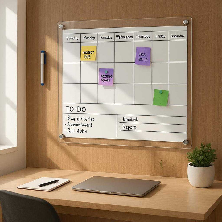 Magnetisk Vægkalender i Glas - Elegant og Praktisk til Hjemmet eller Kontoret, Tilgængelig i Stor og Lille Størrelse: A different realistic office setting where the large glass magnetic calendar is securely positioned on a wooden wall, naturally placed above a minimalist desk.