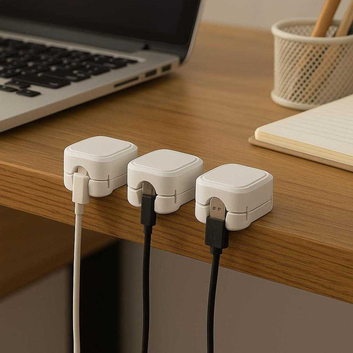 Magnetiske Kabelclips med Selvklæbende Bagside - Tilgængelig i Sort og Hvid, 3 eller 6 Stk: A realistic office desk setting where the magnetic cable clips are properly grounded on the edge of a wooden desk, actively holding and organizing multiple cables such as phone chargers and USB cords, with a laptop and stationery in the background.