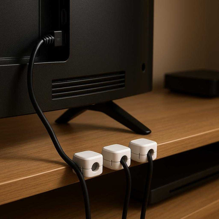 Magnetiske Kabelclips med Selvklæbende Bagside - Tilgængelig i Sort og Hvid, 3 eller 6 Stk: A different realistic home entertainment setup where the magnetic cable clips are securely positioned on the back of a TV stand, naturally tucked behind a flat-screen TV.