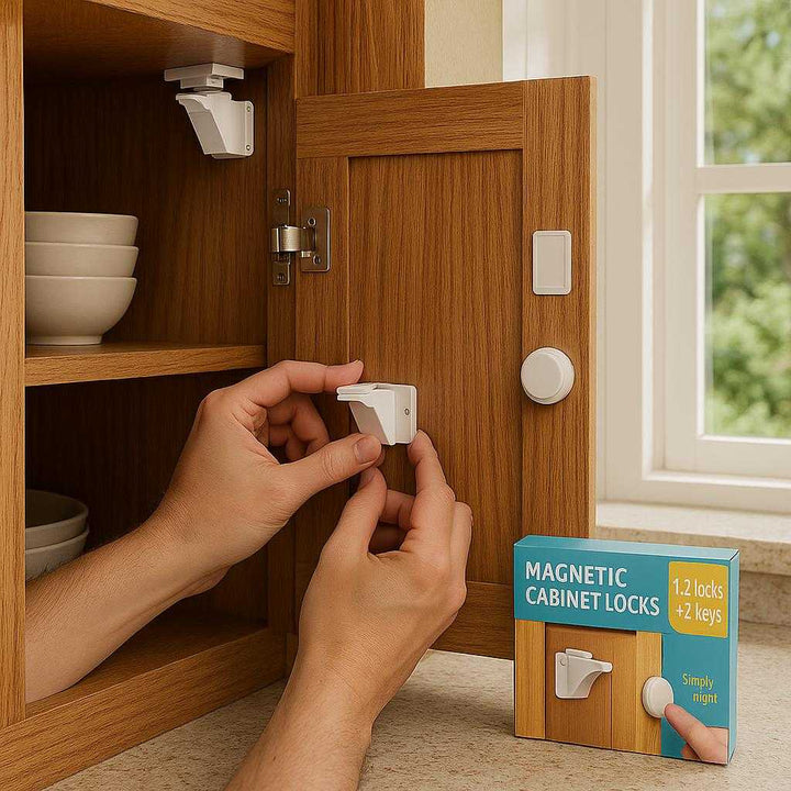 Magnetiske skabslåse i plastik og magnet, nem installation, skjult design, 12 'stk.', god kvalitet: A realistic kitchen setting where the magnetic cabinet locks are properly grounded on a wooden cabinet door, being actively used by a parent installing the lock.
