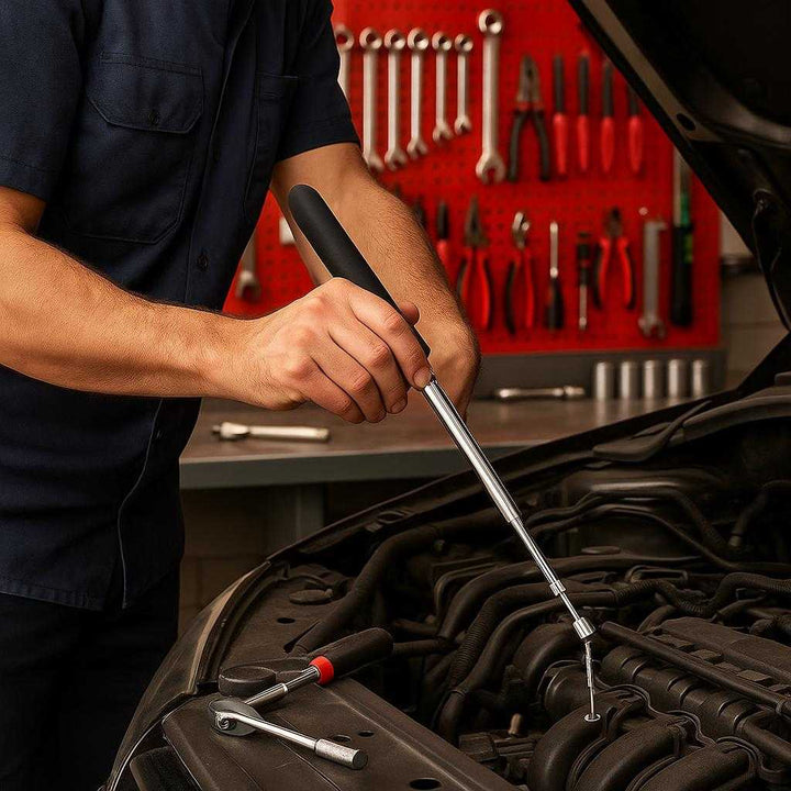 Magnetopsamler - Teleskopisk og Justerbar, Ideel til Værksteder, Garager og Hjemmeforbedringer. In a bustling garage, a mechanic effortlessly retrieves a fallen screw from a tight engine compartment using the telescopic magnetic tool, showcasing its handy extendable feature amidst an array of well-organized tools.