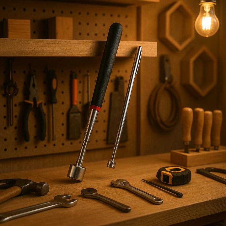 Magnetopsamler - Teleskopisk og Justerbar, Ideel til Værksteder, Garager og Hjemmeforbedringer. In a warmly lit home workshop, the magnetic tool sits prominently on a shelf above a workbench, surrounded by neatly arranged DIY equipment, highlighting its essential role in home improvement projects.
