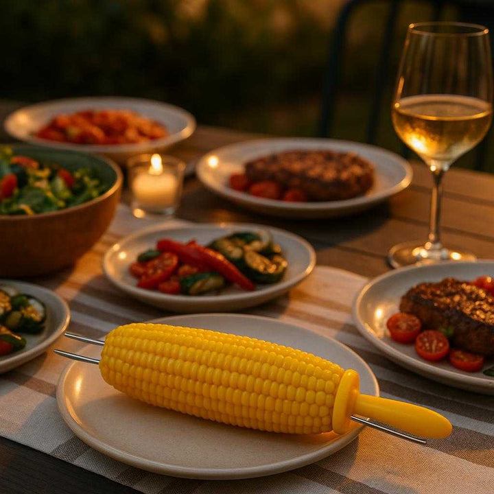 Majskolbeholdere med ergonomisk greb i gult design – Perfekt til grill og middag. The corn holders elegantly pinning a corn cob, while set beside a vibrant summer dinner spread on a patio dining table under warm evening lighting.