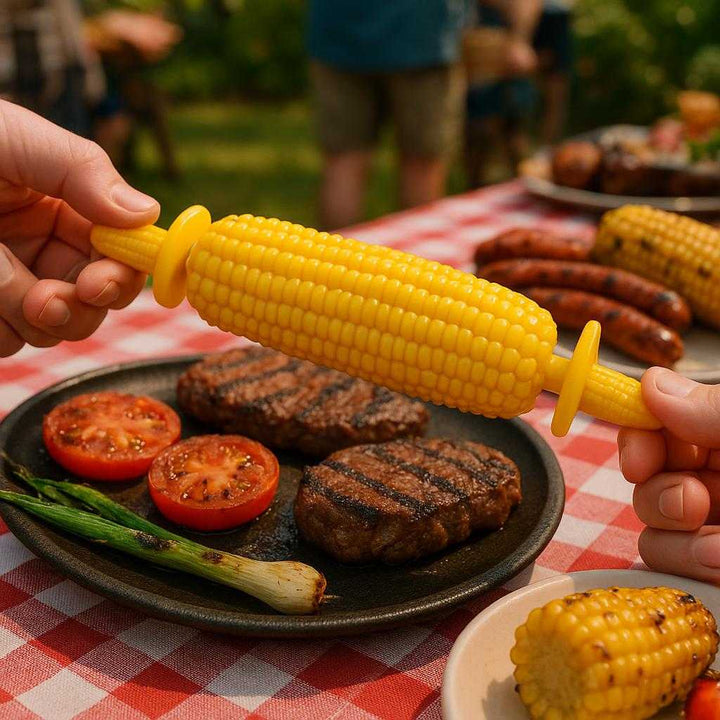 Majskolbeholdere med ergonomisk greb i gult design – Perfekt til grill og middag. Two corn holders with ergonomic yellow grips are used to hold a freshly boiled corn cob at a bustling outdoor barbecue, surrounded by grilled meats and vegetables on a picnic table.