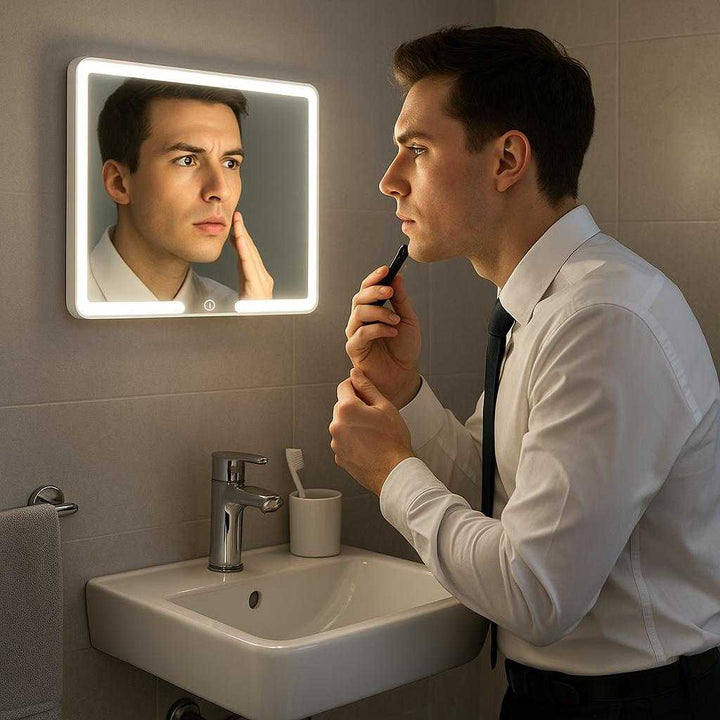 Makeupspejl med LED Lys og Touchfunktion - Ultratyndt og Let Design i Hvid og Sølv: A compact bathroom scene, where the ultrathin makeup mirror is securely mounted on the wall above a small sink.