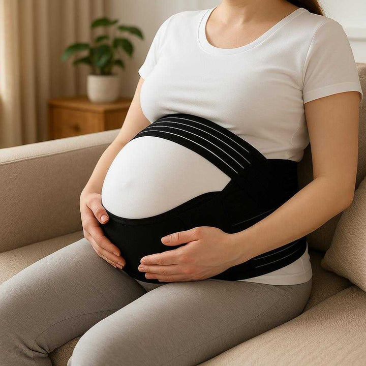 Mave bælte til gravide i sort, beige og pink med elastisk stof og justerbare stropper: A cozy living room setting where the maternity belt is properly grounded on a pregnant woman's belly, being actively used as she sits comfortably on a plush sofa, cradling her belly with her hands.
