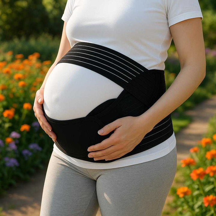 Mave bælte til gravide i sort, beige og pink med elastisk stof og justerbare stropper: A serene outdoor setting in a garden where the maternity belt is securely positioned on a pregnant woman's belly, being used naturally as she stands near a blooming flower bed, enjoying a gentle walk.
