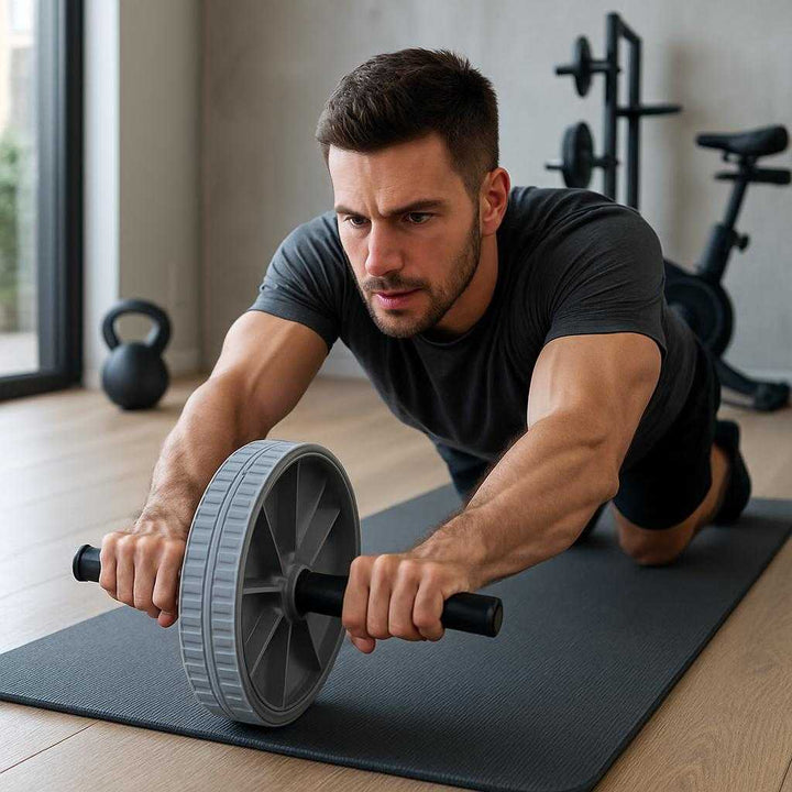 Mavehjul til Effektiv Core Træning – Høj Kvalitet, Med Elastik og Gråt Design. In a modern home gym setting, the ab wheel with its gray design is actively being rolled out on a yoga mat by a fit individual, highlighting core engagement and balance.