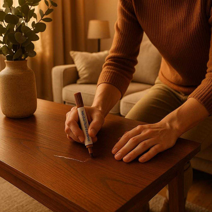 Møbelreparations Touch-Up Marker: Gendan og Reparer Farven på Dine Møbler. A stylish living room with a scratch on a wooden coffee table being seamlessly repaired by a homeowner using the Møbelreparations Touch-Up Marker, with warm sunlight casting a cozy glow over the elegant furnishings.