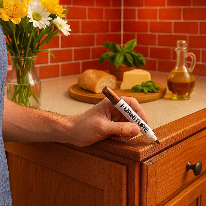 Møbelreparations Touch-Up Marker: Gendan og Reparer Farven på Dine Møbler. In a vibrant kitchen setting, a person skillfully touches up the edge of a wooden cabinet with the touch-up marker, while fresh flowers and gourmet ingredients add a touch of inspiration and creativity to the space.
