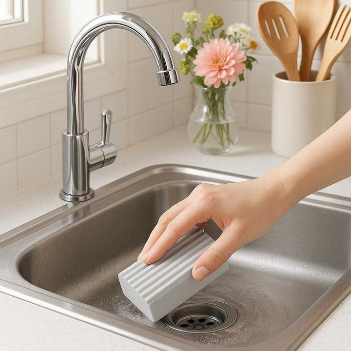 Melaminsvamp - Effektiv Rengøring uden Kemikalier i Lysegrå, Lyserød og Gul. A bright, modern kitchen setting where the melamine sponge is being used to effortlessly clean a stainless steel sink, showcasing its effectiveness in removing grime without chemicals. Subtle sunlight filters through a nearby window, highlighting the sponge's lysegrå color. Nearby, a vase with fresh flowers and neatly arranged kitchen utensils create a sense of cleanliness and harmony.