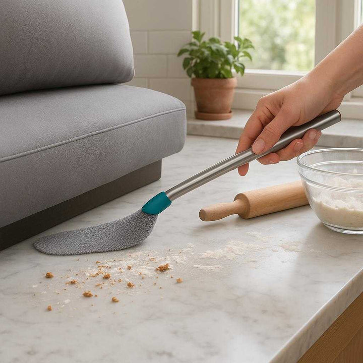 Mellemrum støvbørste i mikrofiber, plastik og metal - Støv Fjerkost - Fleksibel og effektiv: A different realistic kitchen setting where the Mellemrum støvbørste is securely positioned on a marble countertop, being used to dust off crumbs and flour scattered near a baking area.