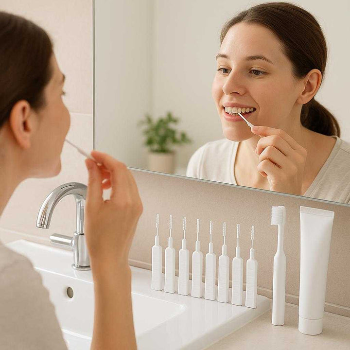 Mellemrumsbørster til Effektiv Tandrensning - 10 stk i Hvid Farve, Ideel til Daglig Brug og Rejser: A modern, brightly lit bathroom setting, where the product is neatly placed next to a sink alongside a toothbrush and toothpaste.