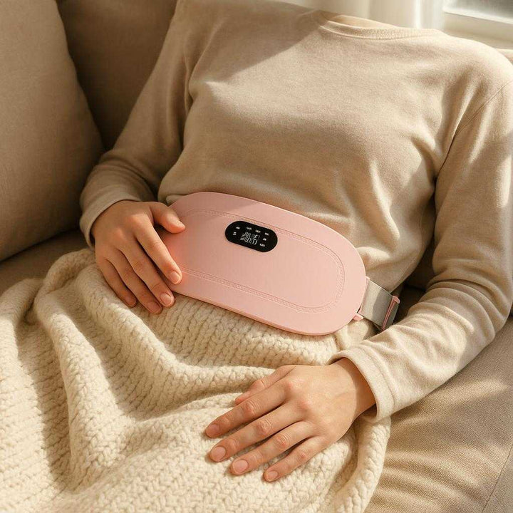 Menstruationssmerter Varmepude med Ergonomisk Design og Høj Kvalitet til Lindring: A realistic cozy living room setting where the product is properly grounded on a comfortable sofa, being actively used by a person who's relaxing with a blanket around them, with natural lighting from a nearby window casting realistic shadows and showing clear contact points where the product touches the person's abdomen.