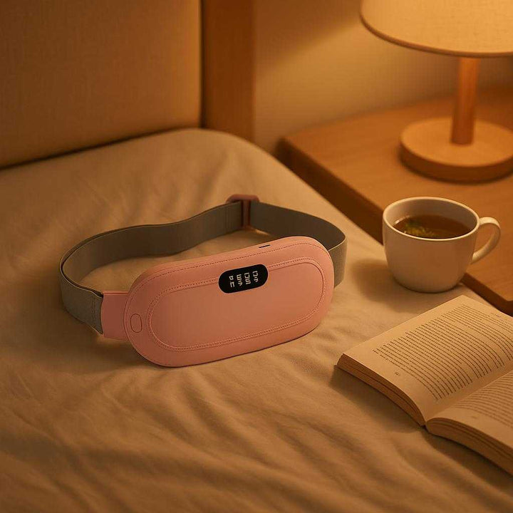 Menstruationssmerter Varmepude med Ergonomisk Design og Høj Kvalitet til Lindring: A different realistic bedroom setting where the product is securely positioned on a neatly made bed, placed naturally beside a cup of herbal tea and an open book, with warm lighting from a bedside lamp creating soft shadows and realistic integration into the peaceful nighttime environment.