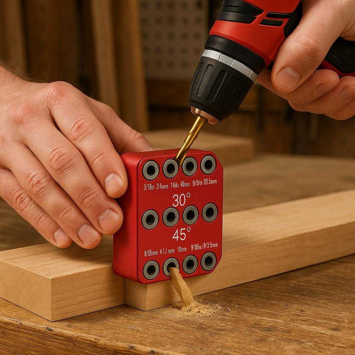 Metalbor skabelon i rød - Forbedret præcision og solid konstruktion: A realistic woodworking shop setting where the product is properly grounded on a sturdy workbench, being actively used by a person's hands to guide a drill for precise angled holes in a wooden plank, with natural lighting casting realistic shadows and showing clear contact points where the product touches the bench.
