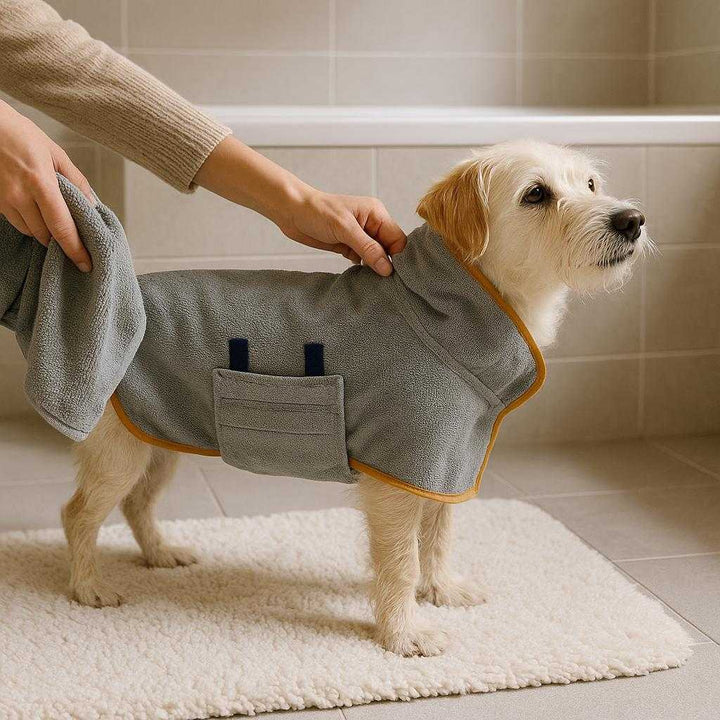Mikrofiber Badekåbe til Hunde - Ekstra Blød og Absorberende i Gråt med Orange Kant, Størrelse XS-XL: A realistic bathroom setting where the product is properly grounded on a soft, fluffy bath mat, being gently placed onto a small dog that is freshly bathed.