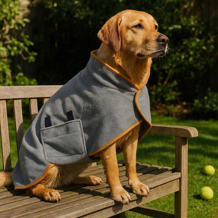 Mikrofiber Badekåbe til Hunde - Ekstra Blød og Absorberende i Gråt med Orange Kant, Størrelse XS-XL: A different realistic garden setting where the product is securely positioned on a wooden bench, draped over a medium-sized dog after a playful session in the backyard.
