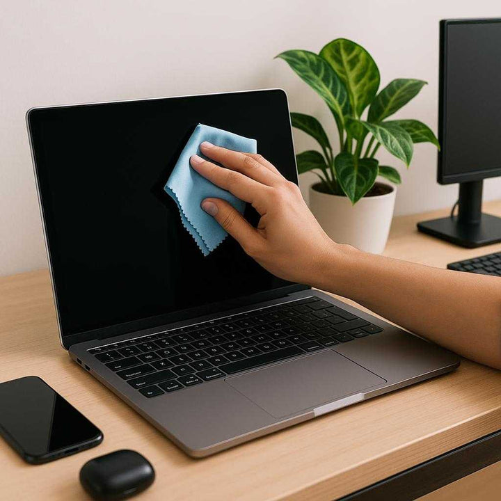 Mikrofiberklude i Moderne Design - Effektiv Rengøring i Blå, Gul og Lyserød. The microfiber cloth is being used to gently clean a laptop screen in a stylish home office, surrounded by sleek tech gadgets and a vibrant potted plant on a minimalist wooden desk.