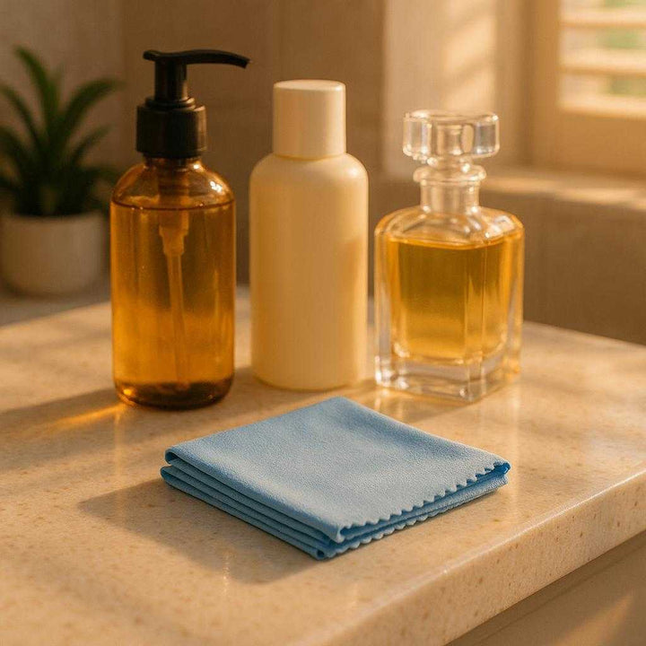 Mikrofiberklude i Moderne Design - Effektiv Rengøring i Blå, Gul og Lyserød. The microfiber cloth is neatly folded on a bathroom countertop next to luxury toiletries, as sunlight filters through the window, illuminating its soft texture and bright colors amidst a serene spa-like environment.