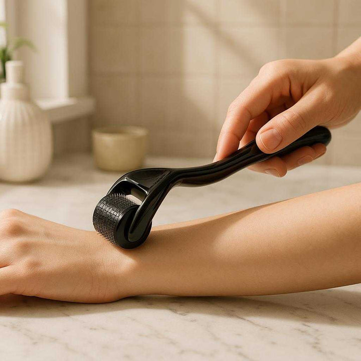 Mikronålerulle til hudforyngelse - 0.5 mm titaniumsnåle, forbedrer hudtekstur og serumabsorption: A realistic, serene bathroom setting where the microneedle roller is properly grounded on a marble countertop, being actively used by a pair of hands gently rolling it across a forearm.