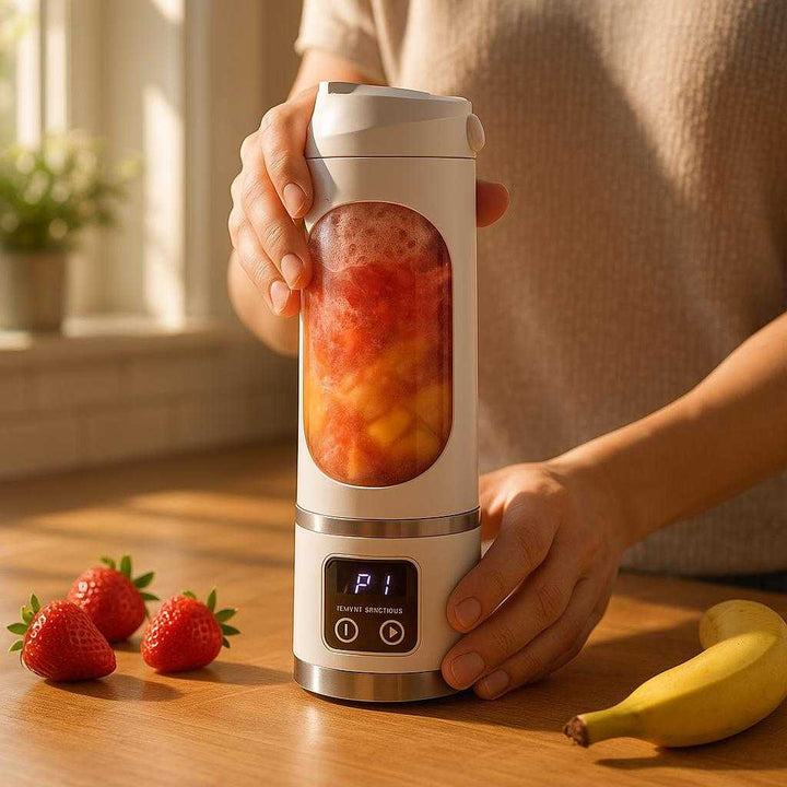Miniblender med LCD-display - Bærbar, Genopladelig og Moderne Design i Hvid og Sølv: A realistic kitchen setting where the miniblender is properly grounded on a wooden countertop, being actively used by a person who is making a fresh smoothie.