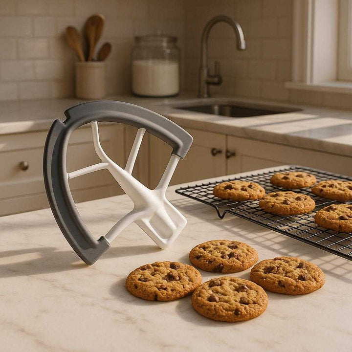 Mixerpiskeris med Silikonekant – Professionel Høj Kvalitet til Perfekt Blanding og Skrabning. A pristine kitchen with the Mixerpiskeris med Silikonekant resting elegantly on a marble countertop alongside freshly baked cookies and a cooling rack bathed in warm morning light.