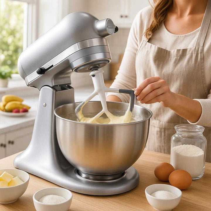 Mixerpiskeris med Silikonekant – Professionel Høj Kvalitet til Perfekt Blanding og Skrabning. The silicone-edge mixer paddle is seamlessly attached to a sleek food mixer in a bright, modern kitchen, as a baker effortlessly creates a smooth cake batter, surrounded by baking ingredients and a sunlit window.