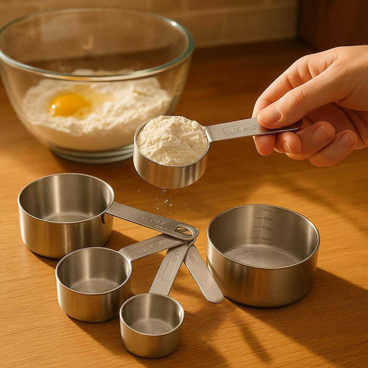 Målebæger i rustfrit stål til præcise målinger - Sæt med 4 målekopper i sølvfarvet mat finish: A realistic kitchen setting where the measuring cups are properly grounded on a wooden countertop, being actively used by a person's hand to measure flour, with natural lighting casting realistic shadows and showing clear contact points where the cups touch the surface.