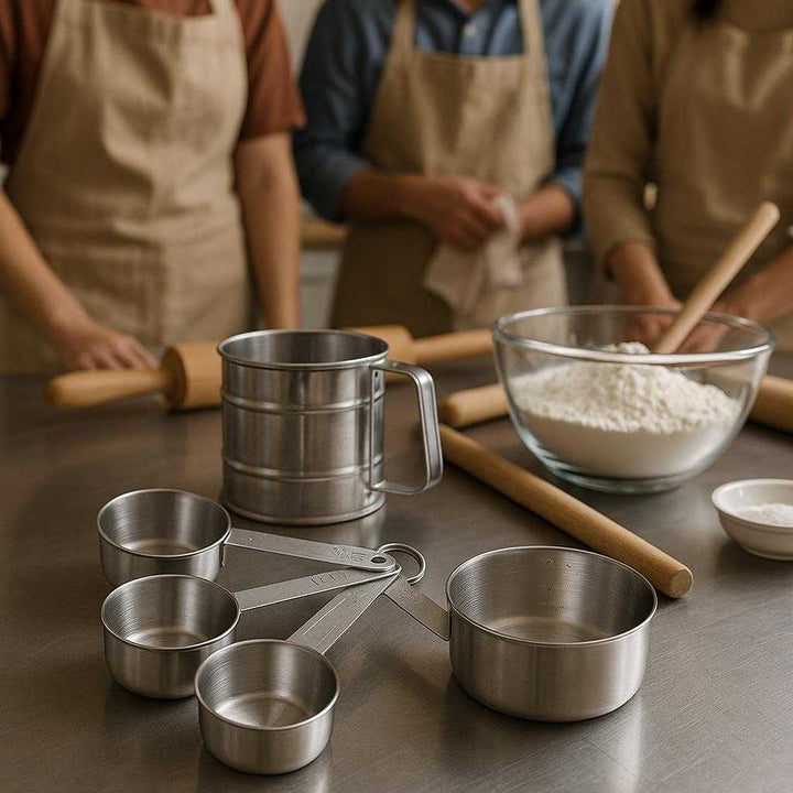 Målebæger i rustfrit stål til præcise målinger - Sæt med 4 målekopper i sølvfarvet mat finish: A different realistic baking class setting where the measuring cups are securely positioned on a stainless steel table, naturally placed beside a sifter and other baking utensils, in a believable way.