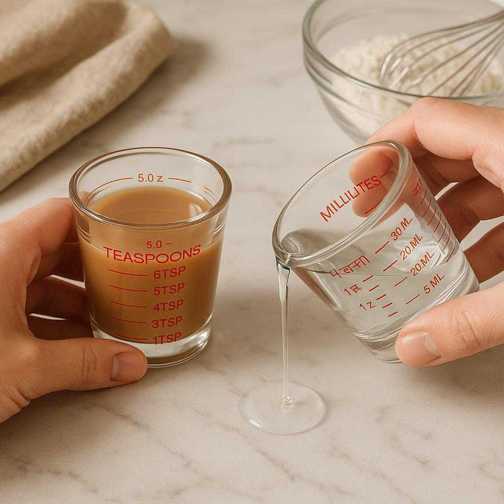 Målebæger Sæt 2 stk. i Glas med Præcise Målinger, Holdbar og Let at Rengøre: A realistic kitchen setting where the product is properly grounded on a marble countertop, being actively used by a pair of hands to measure ingredients for a baking recipe, with natural lighting casting realistic shadows and showing clear contact points where the product touches the countertop.