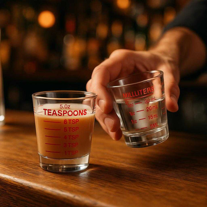 Målebæger Sæt 2 stk. i Glas med Præcise Målinger, Holdbar og Let at Rengøre: A different realistic bar setting where the product is securely positioned on a wooden bar table, being used to precisely measure liquids for cocktail preparation, with proper physics, shadows, and realistic integration into the lively bar environment.