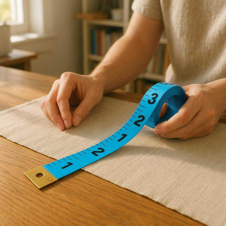 Målebånd i Farverig Plast - Blå, Grøn, Gul, Hvid, Lyserød, Sort - Professionel Præcision: A realistic home sewing room where the measuring tape is properly grounded on a wooden table, being actively used by a person measuring a piece of fabric.