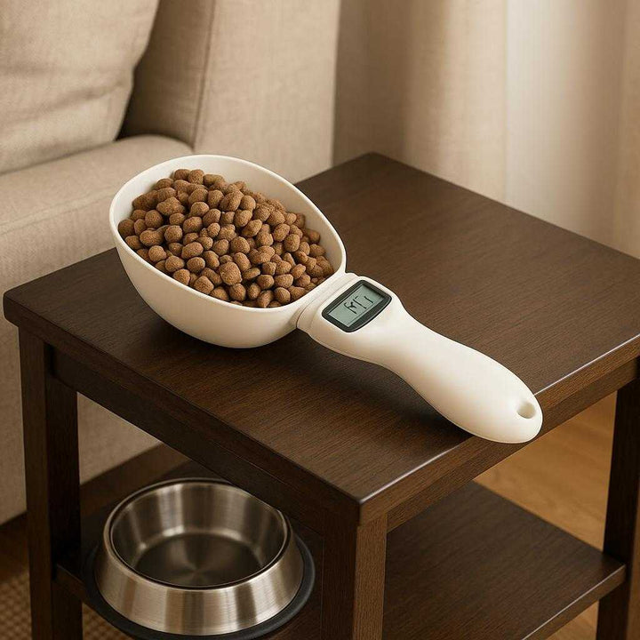 Måleske med Digital Vægt - Præcis Portionsmåler til Kæledyrsfoder i Moderne Hvid Farve: A different realistic living room setting where the product is securely positioned on a side table near a pet's feeding area, naturally placed beside a pet bowl.