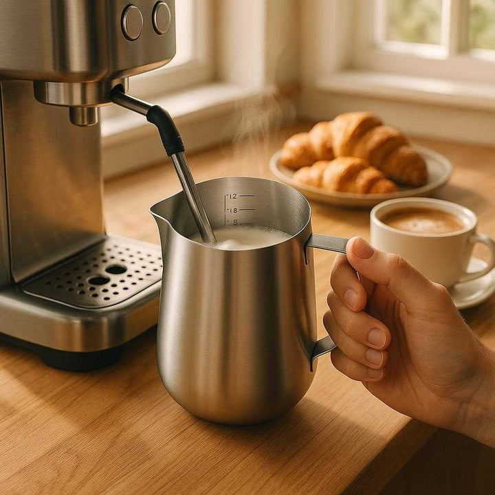 Mælkekande i rustfrit stål - Tilgængelig i 3 størrelser med indbygget måleskala: A cozy kitchen setting, where the stainless steel milk jug is placed on a wooden countertop beside a modern espresso machine.