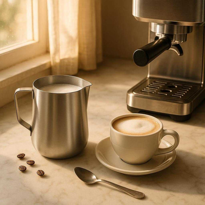Mælkekande i rustfrit stål - Tilgængelig i 3 størrelser med indbygget måleskala: A cozy kitchen setting, where the stainless steel measuring milk jugs are being used to froth milk for a cappuccino.