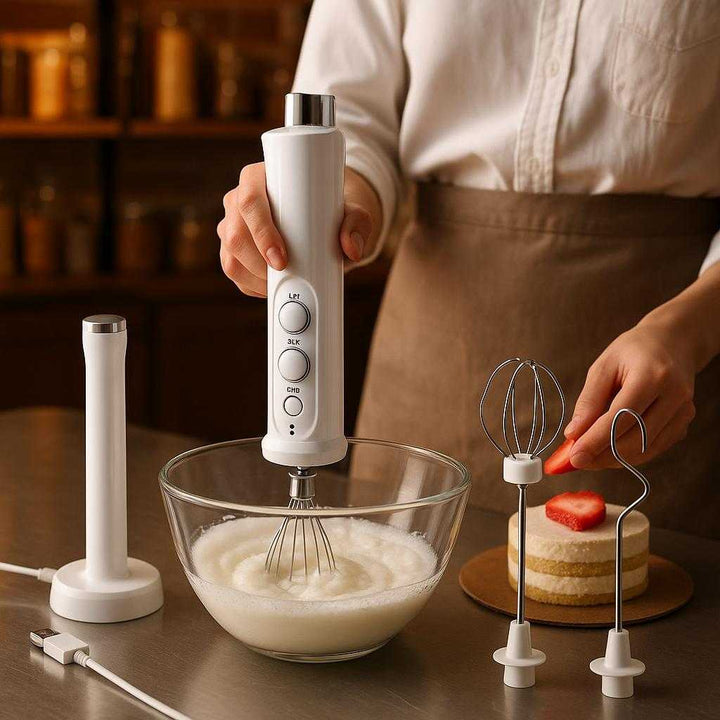 Mælkeskummer i Ergonomisk Design - Avanceret Hjemmebarista Værktøj med Flere Hastigheder: A different realistic café setting where the product is securely positioned on a stainless-steel table, being used differently to whisk egg whites in a glass bowl, with a person preparing a dessert.