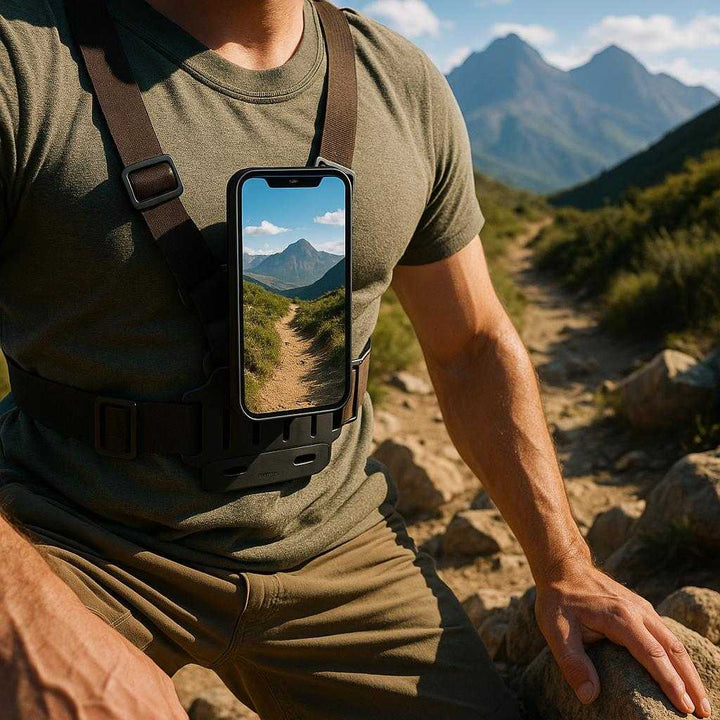 Mobilholder Justerbar & Robust til Aktiv Brystsele i Sort - Universel Størrelse: A realistic hiking trail setting where the mobile holder is securely attached to a person's chest harness, being actively used to record a scenic mountain view on a bright, sunny day.