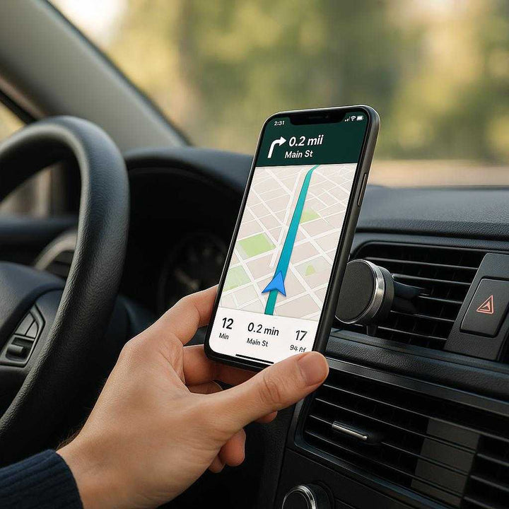 Mobilholder til Bil - Sikker og Justerbar Holder med Magnetisk Design til Ventilation, Professionel Kvalitet: A realistic car interior setting where the mobile holder is properly grounded on a car's air vent, being actively used by a driver who is adjusting their GPS on a smartphone.