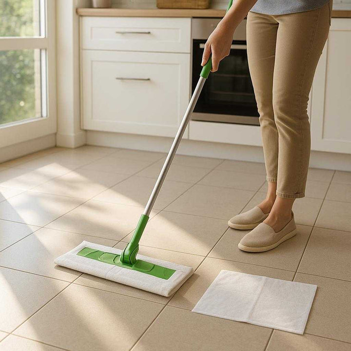 Moppeark til Effektiv Rengøring - Støvfri og Engangs Klude til Tør og Våd Rengøring: A realistic modern kitchen setting where the product is properly grounded on a tiled floor, being used by a person cleaning the floor with the mop handle, with natural sunlight streaming in through a window, casting realistic shadows and showing clear contact points where the mop pad touches the floor.