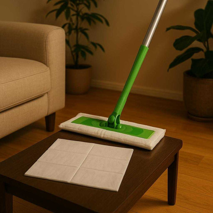 Moppeark til Effektiv Rengøring - Støvfri og Engangs Klude til Tør og Våd Rengøring: A different realistic living room setting where the product is securely positioned on a hardwood floor beside a sofa, with the mop pad neatly placed on a side table, suggesting readiness for use, surrounded by plants and a comfortable environment, with soft evening lighting creating gentle shadows and realistic integration into the peaceful scene.