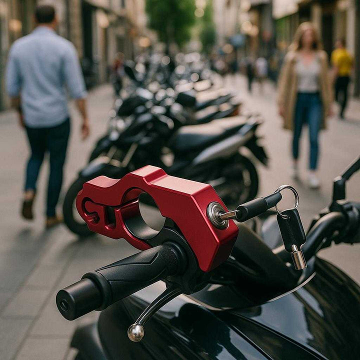 Motorcykel styr-lås i aluminium – Effektiv tyverisikring med nøgle, tilgængelig i rød og sort: A bustling urban street setting during daylight, with motorcycles parked along the sidewalk.