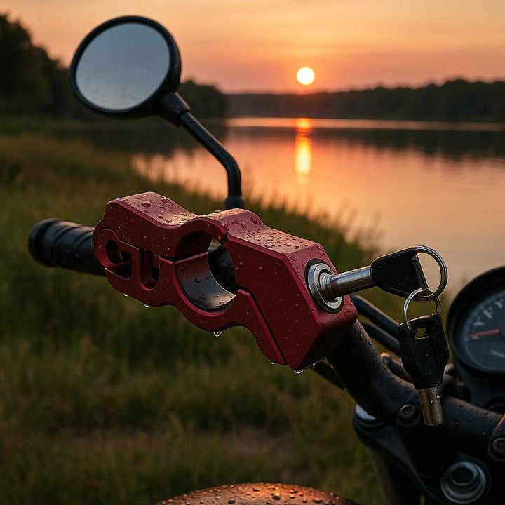 Motorcykel styr-lås i aluminium – Effektiv tyverisikring med nøgle, tilgængelig i rød og sort: A serene countryside landscape at dusk, with a motorcycle parked near a peaceful lakeside.