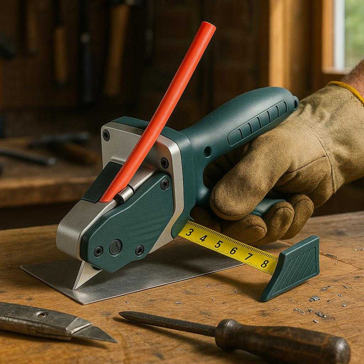 Multi Materiale Skærer i Blå - Præcision og Multifunktionalitet, Plastik og Metal: A realistic home workshop setting where the multi-material cutter is properly grounded on a sturdy wooden workbench, being actively used by a person's gloved hand to precisely cut a sheet of metal.