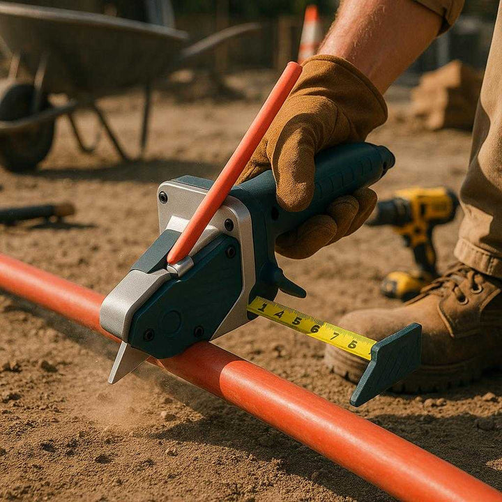 Multi Materiale Skærer i Blå - Præcision og Multifunktionalitet, Plastik og Metal: A different realistic outdoor construction site where the multi-material cutter is securely positioned on a solid, dirt-covered surface, being used by a construction worker to cut through a piece of plastic piping.